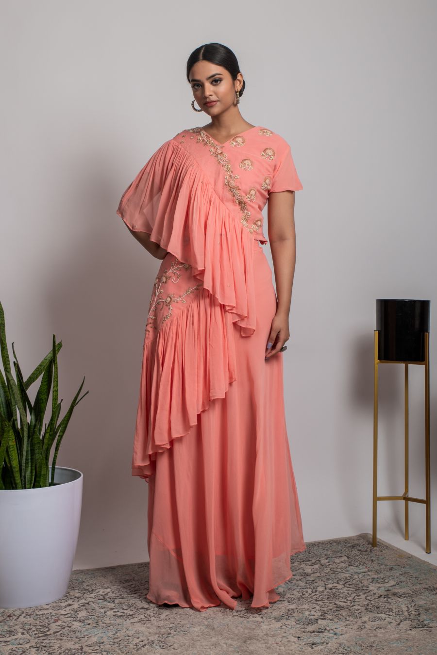 Stylish Peach Color Top & Skirt with ruffled Dupatta