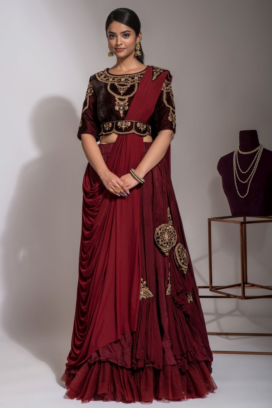Maroon Crop Top & Skirt with drape style Dupatta