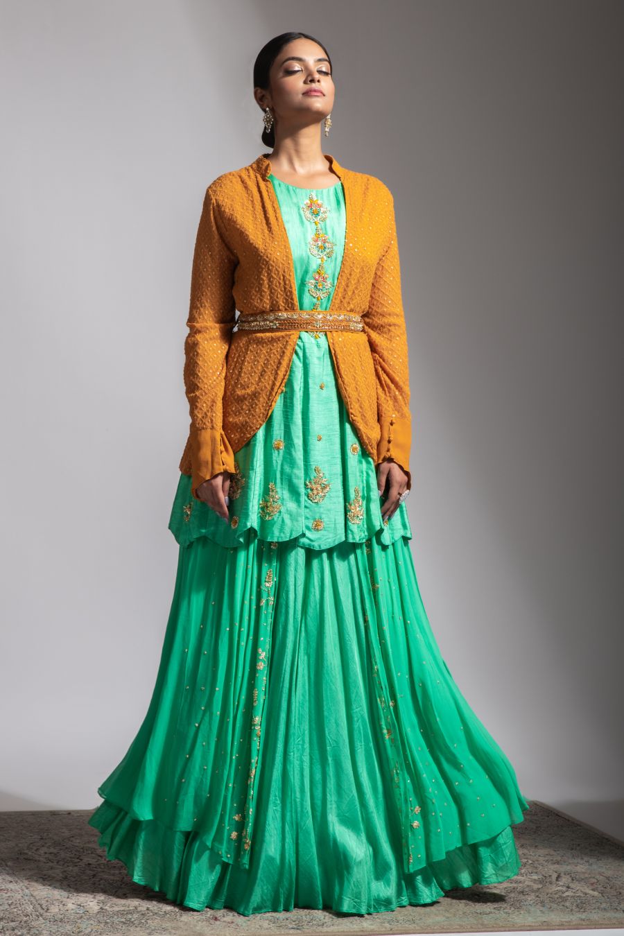 Beautiful Green Skirt and Crop Top Set  with authentic Lucknowi work jacket 