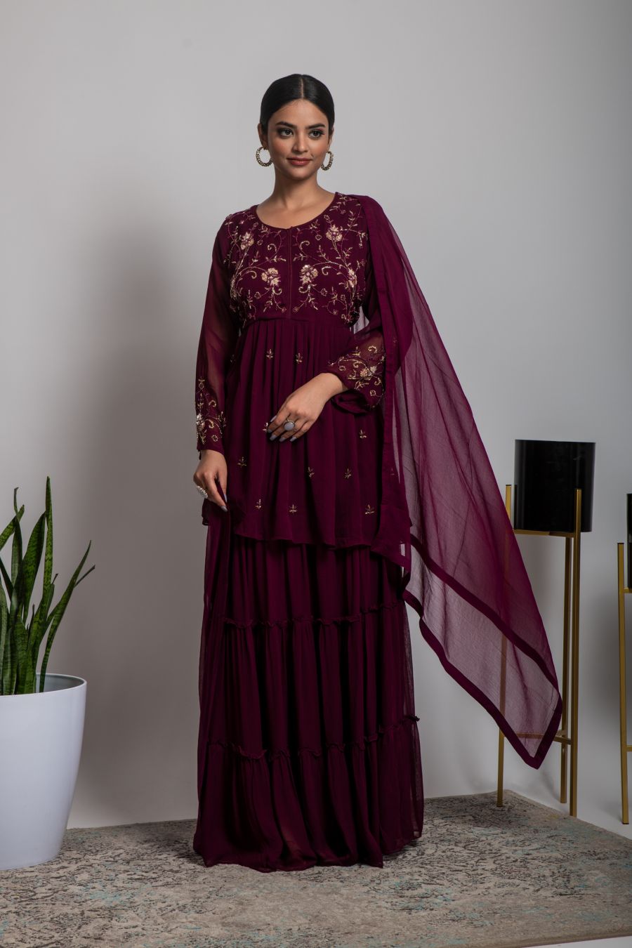 Wine color Peplum style Top & Skirt