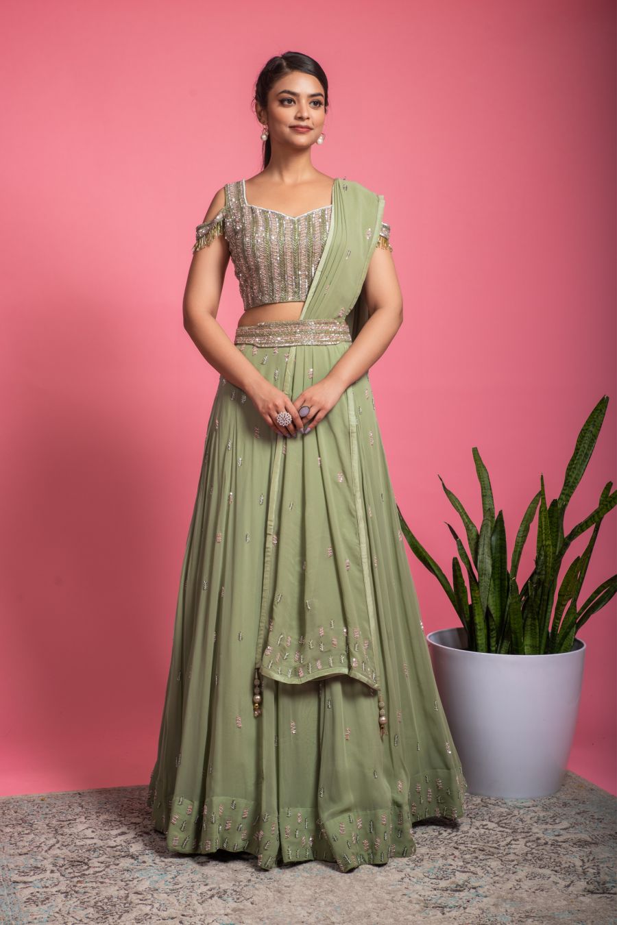 Pista Green embellished top with Georgette Skirt