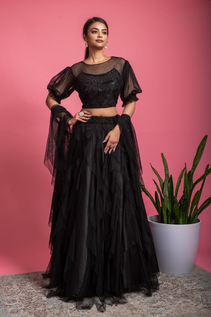Black color Net Crop Top & Skirt with Net Dupatta