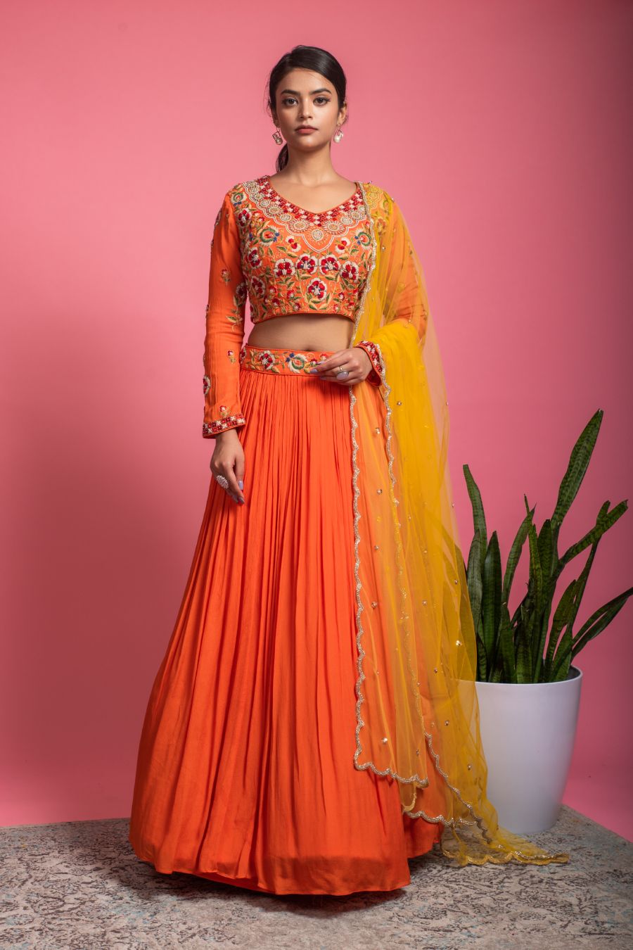 Heavy Thread Work Blouse and Pure Chinnon Skirt with Dupatta in Orange color