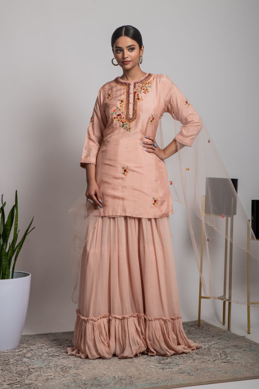 Peach color short Kurta with Skirt and Organza Dupatta