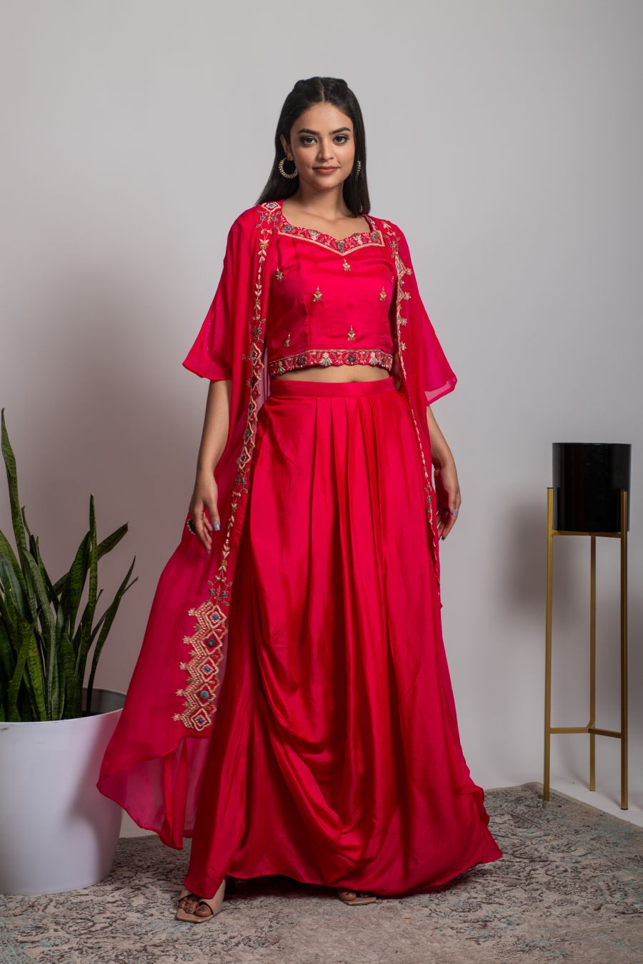 Bright Pink Crop Top & Skirt with stylish Jacket