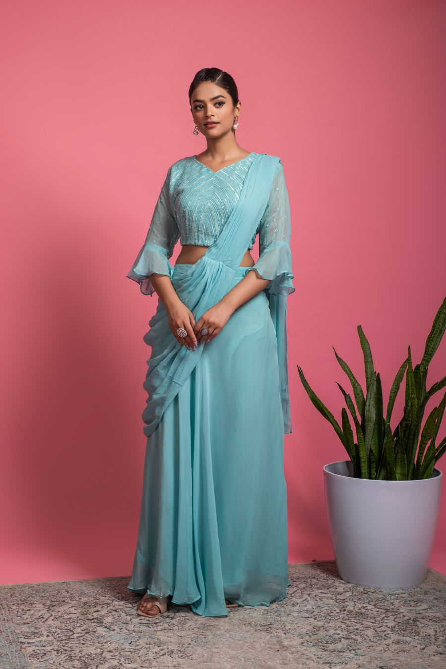 Light Blue Georgette Skirt with heavy Blouse and Dupatta