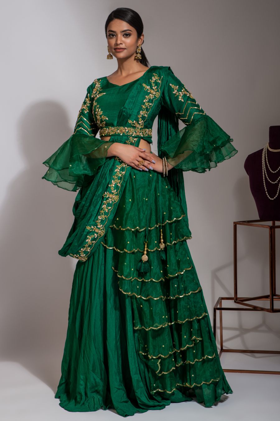 Dark green Crop top & skirt with drape style dupatta.