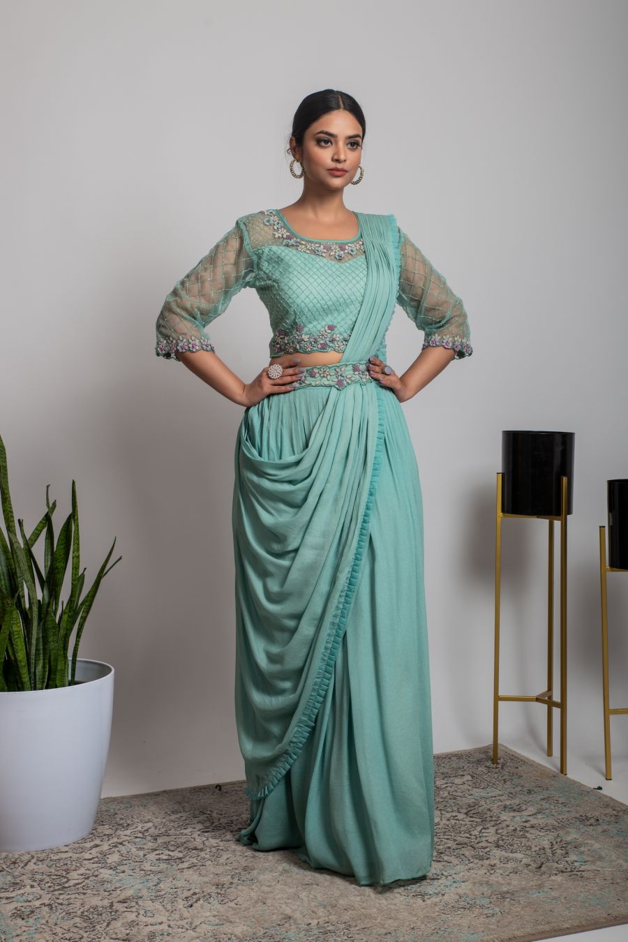   Pista Green color Top & Skirt with Dupatta and a Waist Belt
