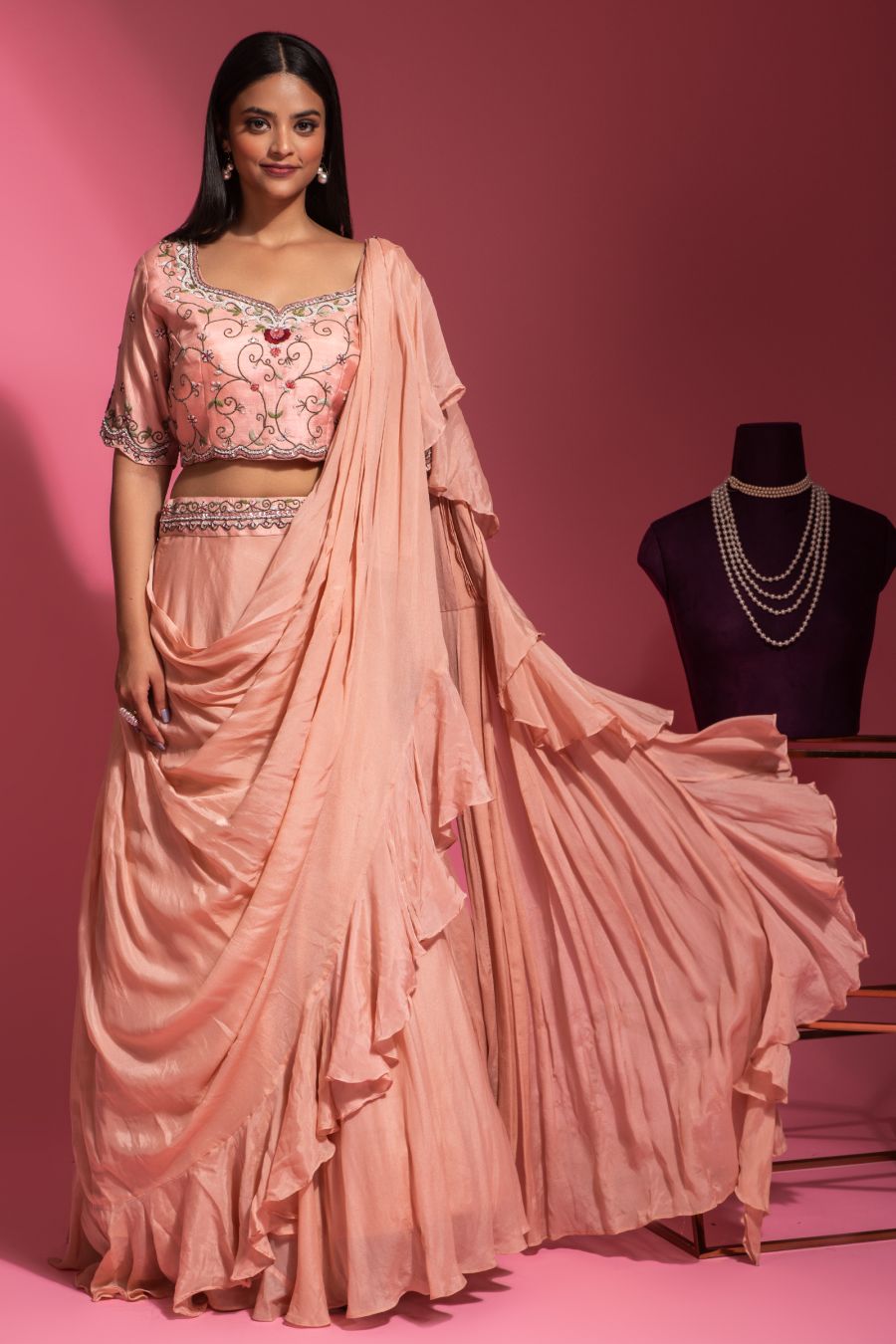 Peach Color Drape Style Skirt & Crop Top Set