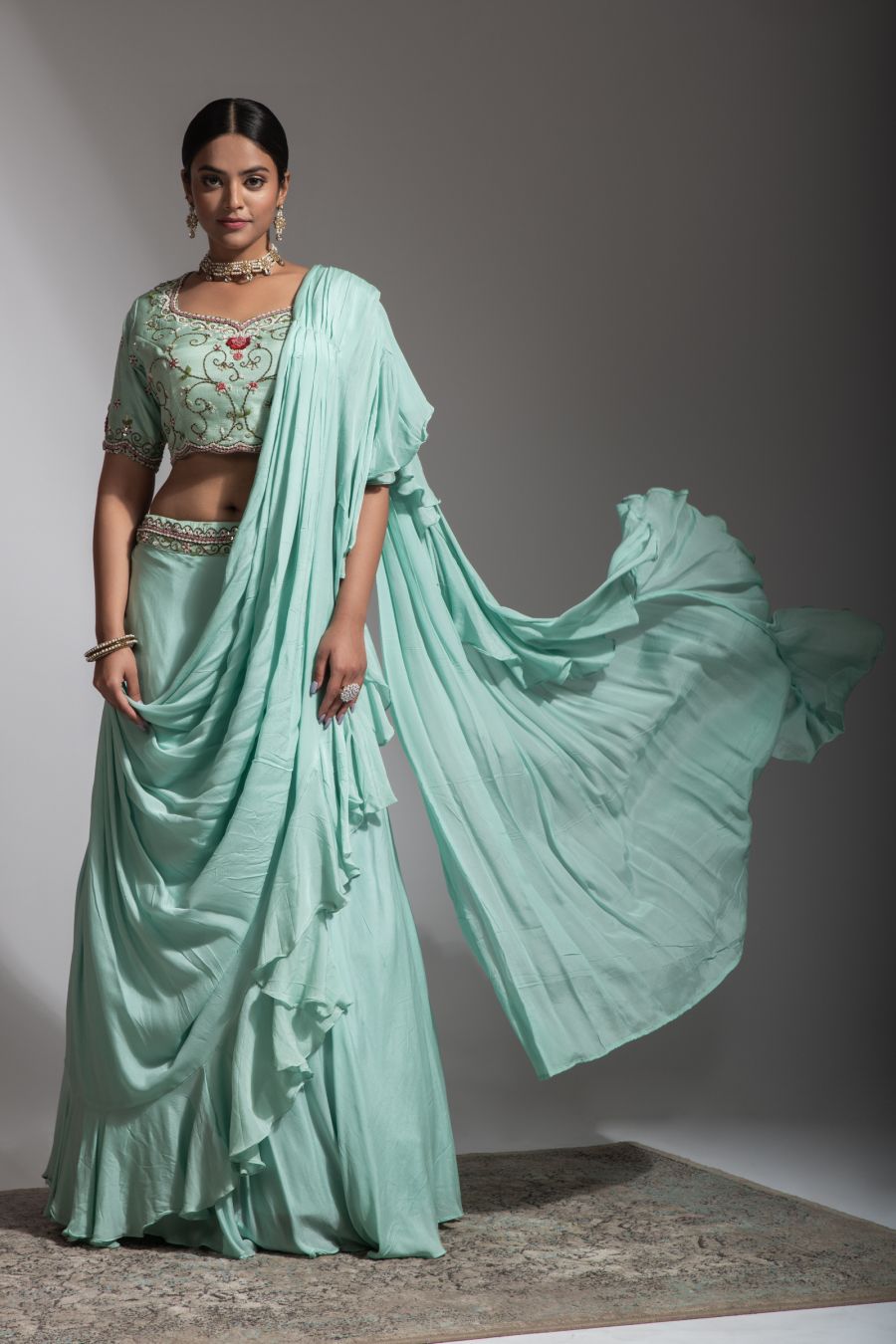 Sea green Drape style Skirt with hand work Crop Top 