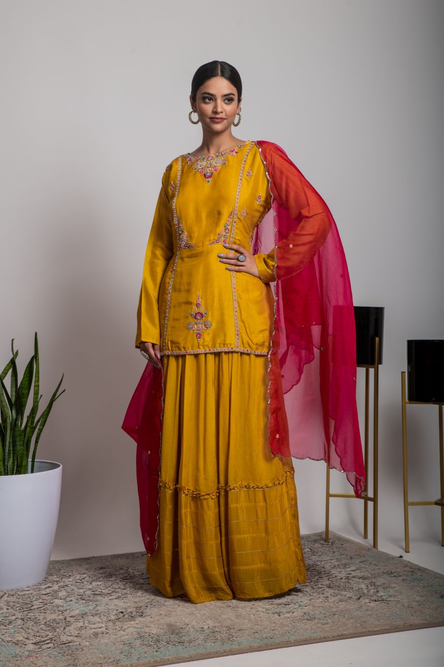 Mustard color short Kurta with Skirt and Organza Dupatta