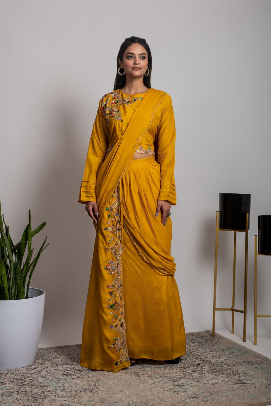 Stylish Mustard color Skirt & Top with drape style Dupatta
