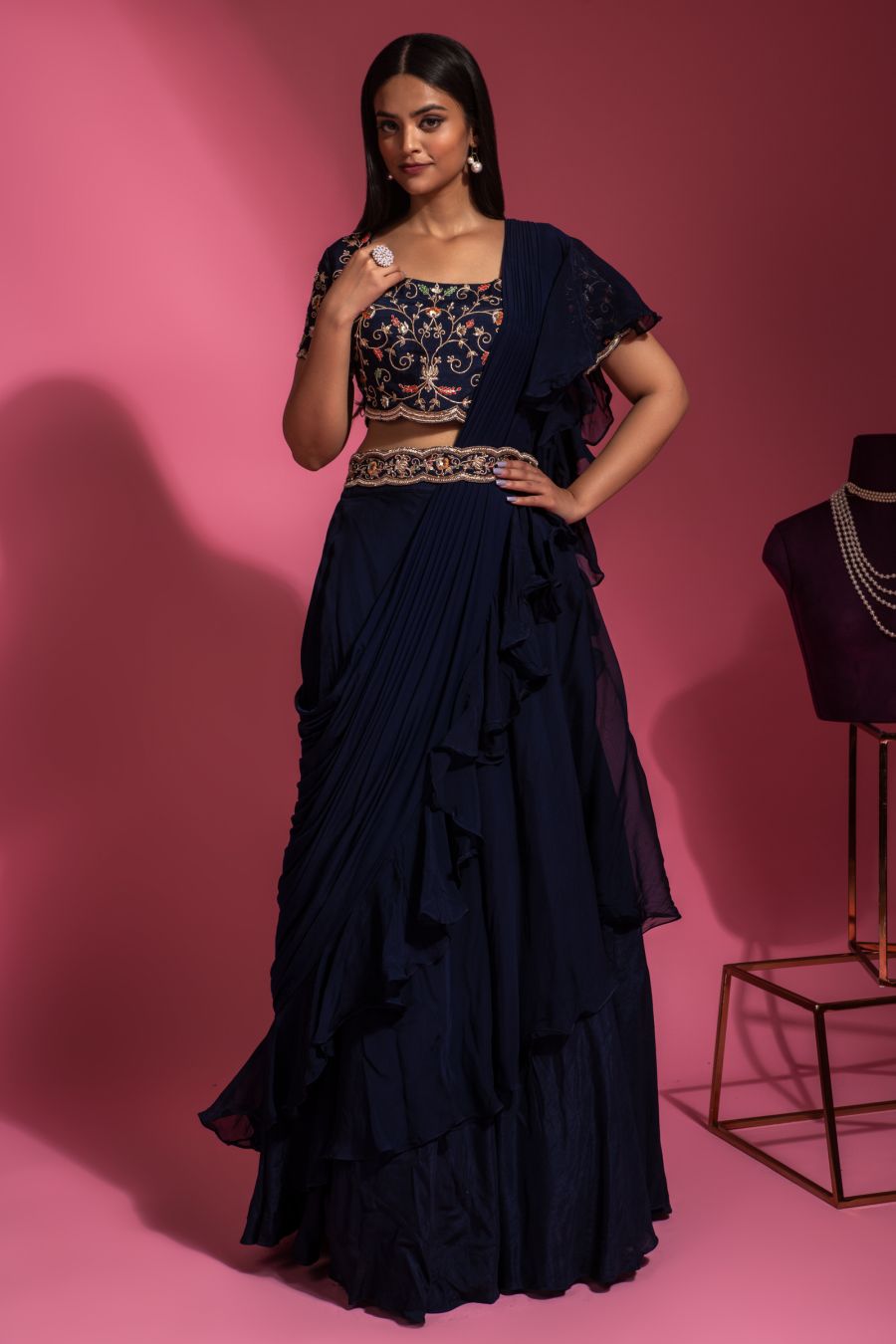 Navy Blue Skirt & Crop Top Set