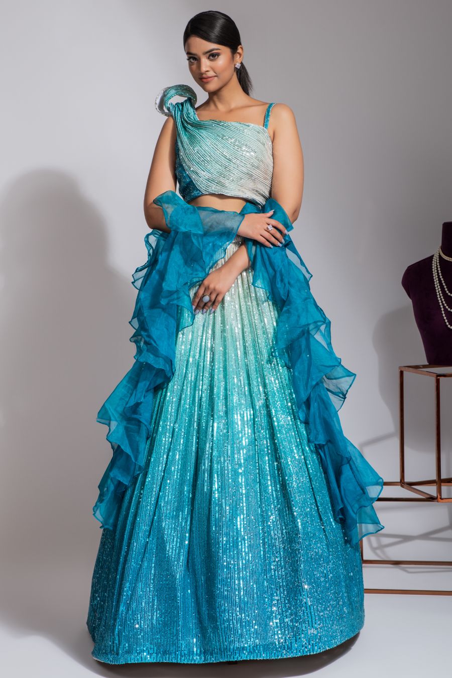 Sequins Blue Crop Top and Skirt