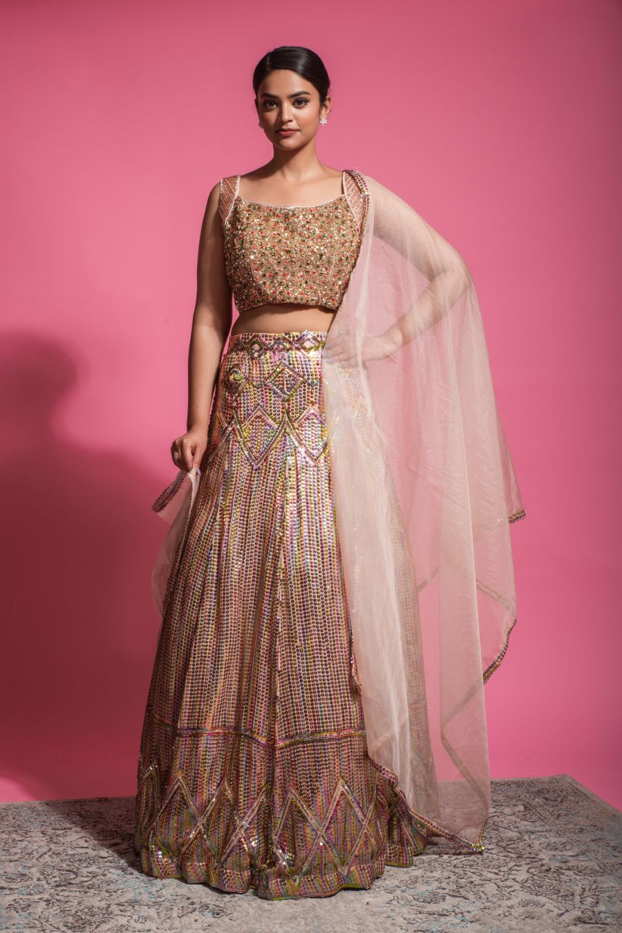 Multi colored sequins Golden Top & Skirt with Dupatta