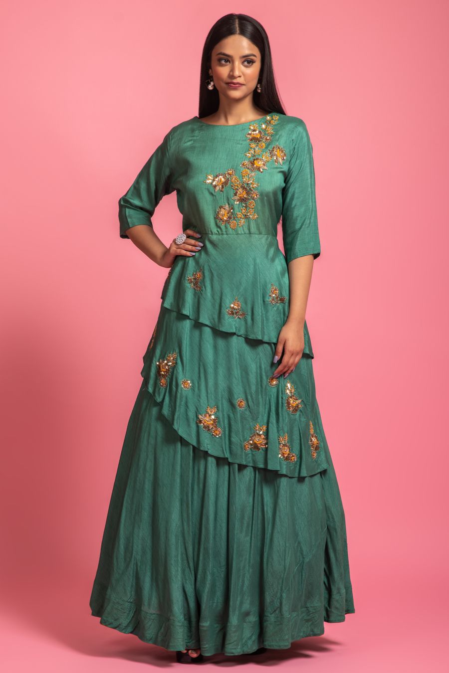 Green Colour Dola Sik Gown wiith Hand Work