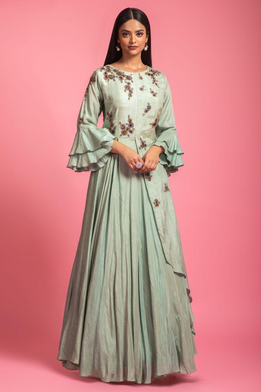 Green Color Dola Silk Gown 