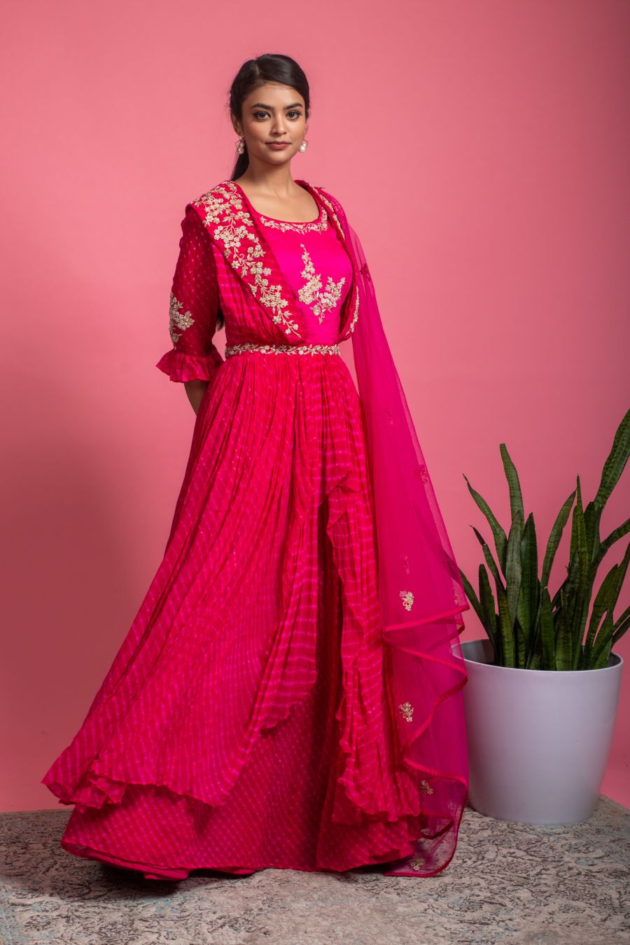 Rani unique Leheriya Gown with Net Dupatta