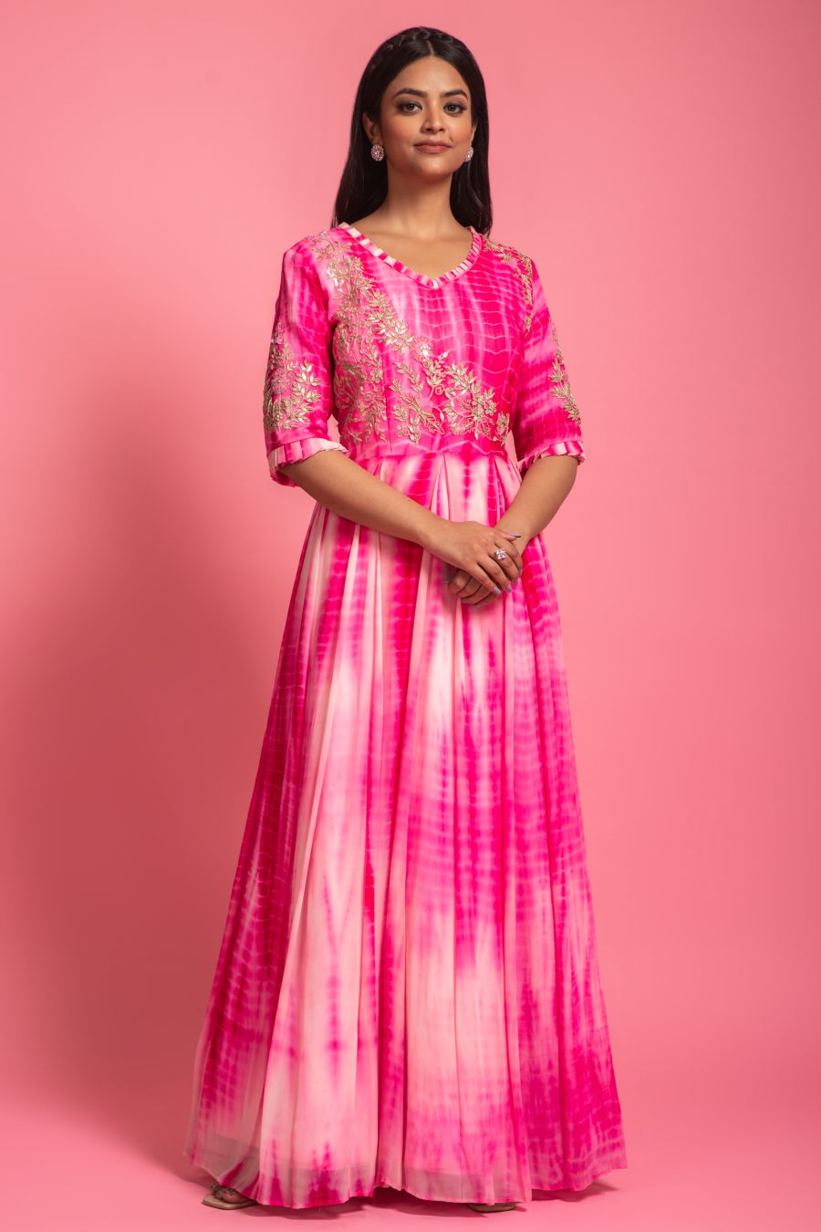 Shibori Printed Pink Gown With Hand Work