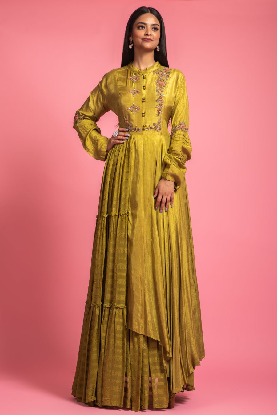 Mehndi Green Color Gown With Hand Work