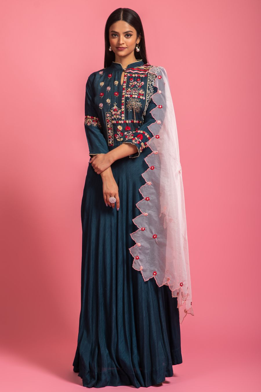 Teal Green Dola Silk Gown With Hand Work