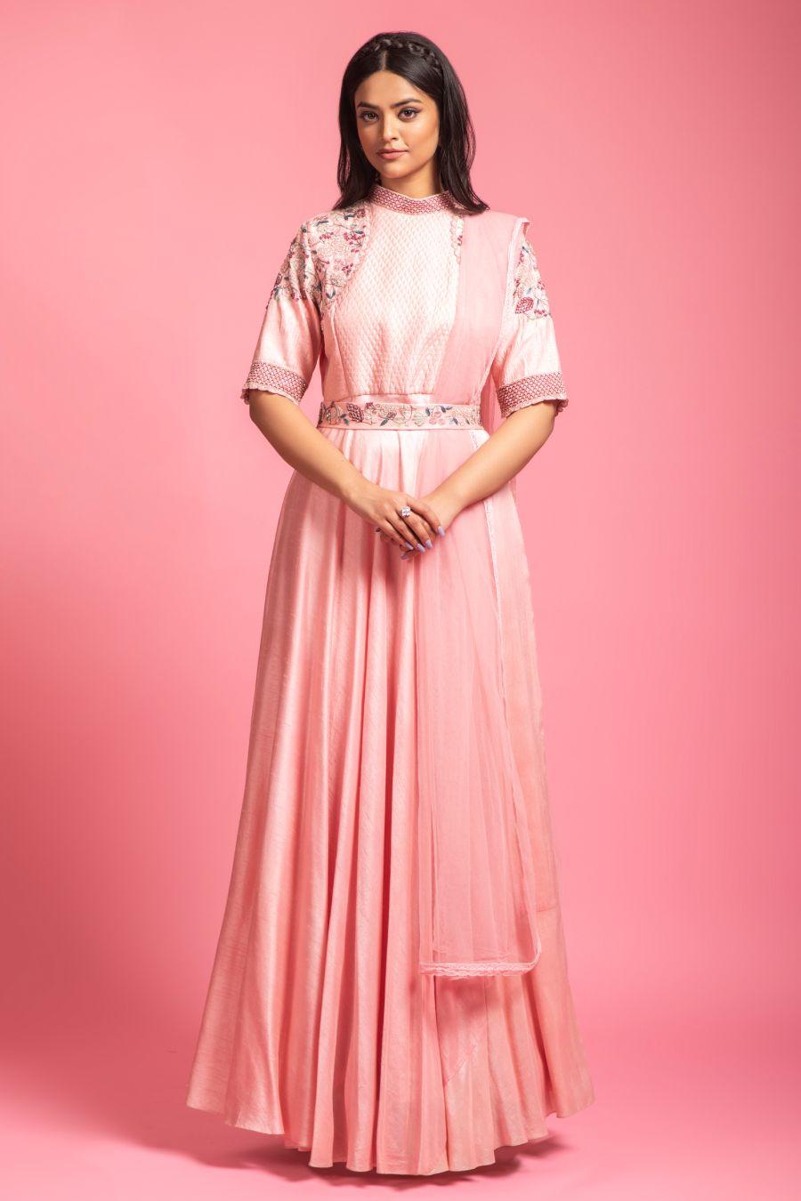 Baby Pink Gown With Hand Embroidered Waist Belt