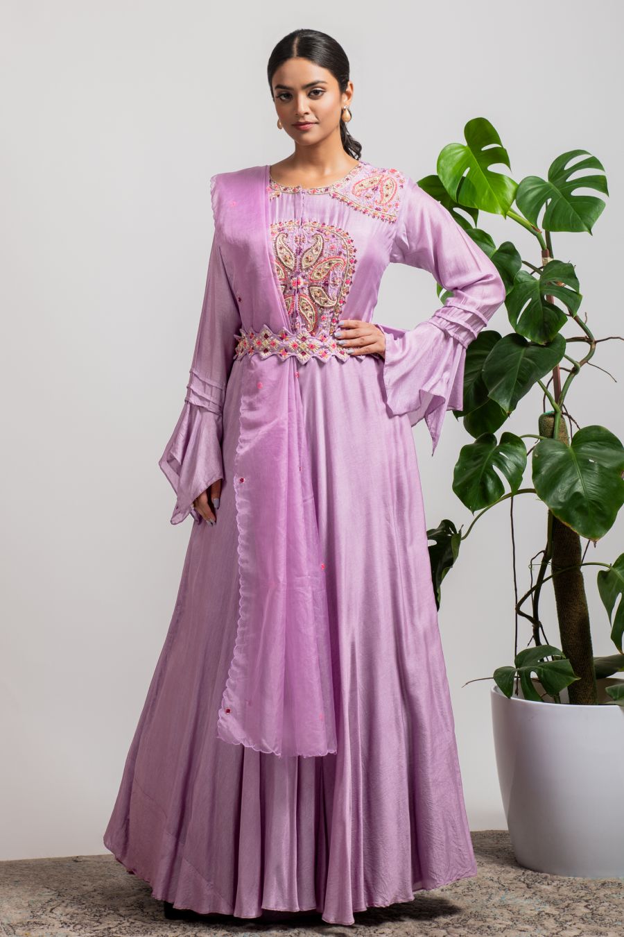 Lavender Anarkali Gown in Dola Silk 