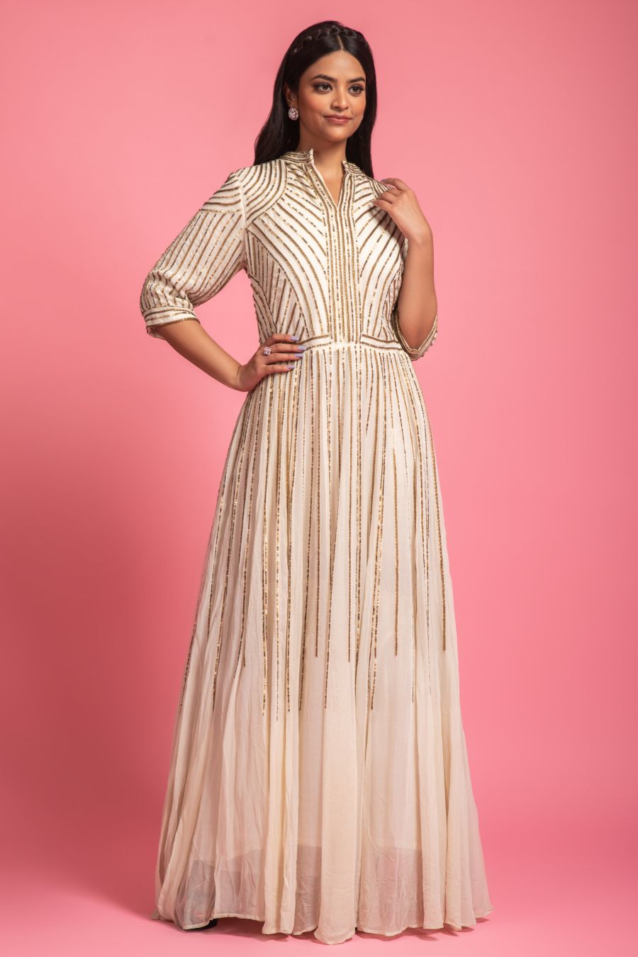 Georgette Off White Gown Sequins & Bead Work