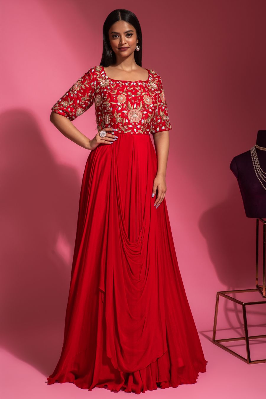 Drape Style Red Gown