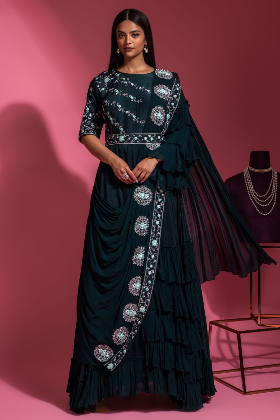 Teal Green Dola Silk Gown With Hand Work