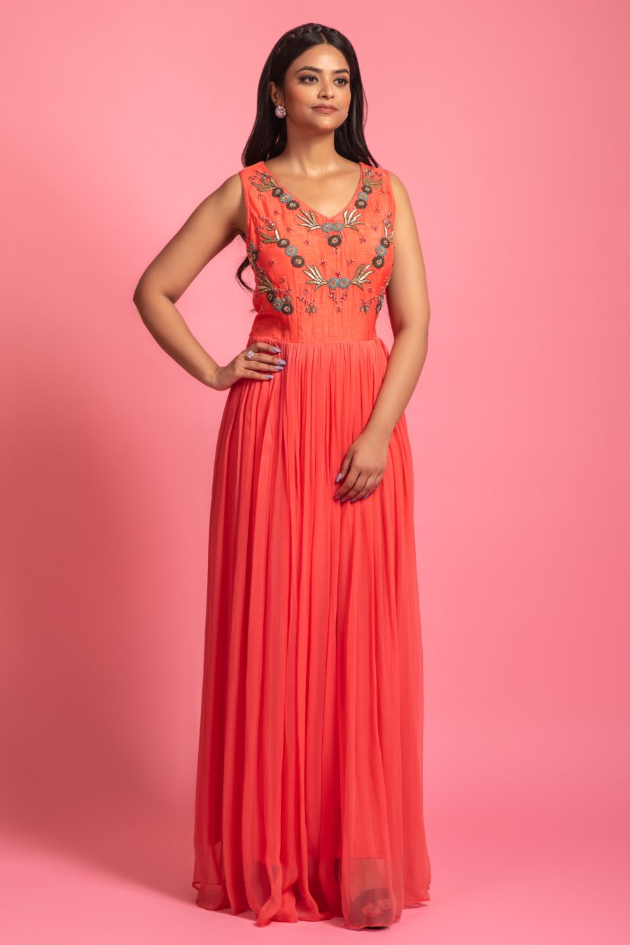 Coral Orange Gown In Georgette Fabric