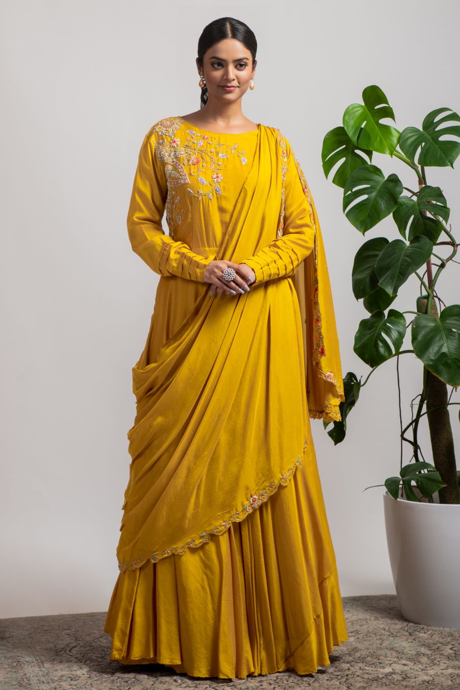 Mustard Gown in Dola Silk 