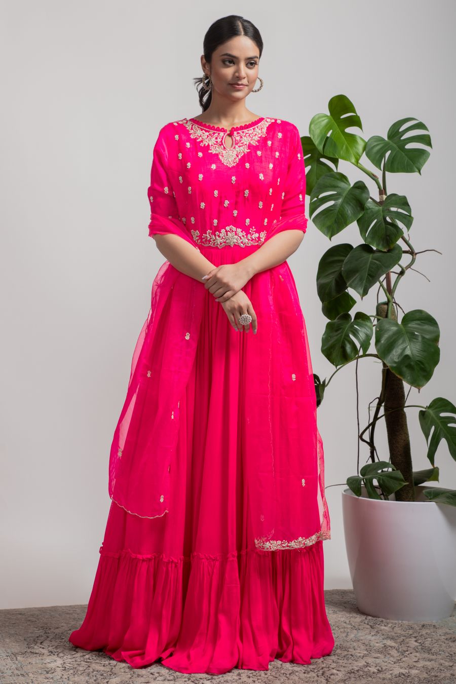 Dark Pink Anarkali gown in Dola Silk 