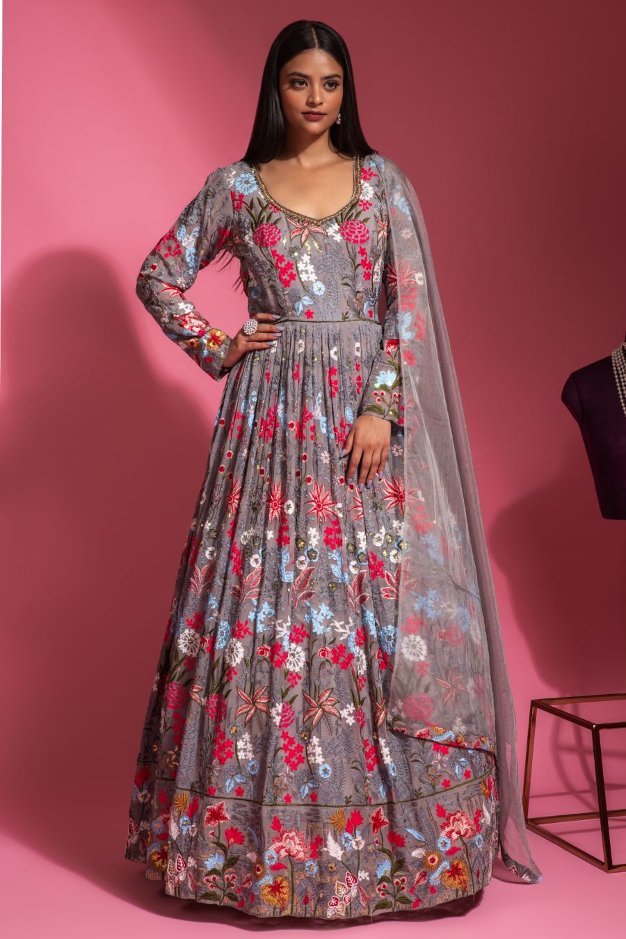 Grey Colour Gown With Dupatta