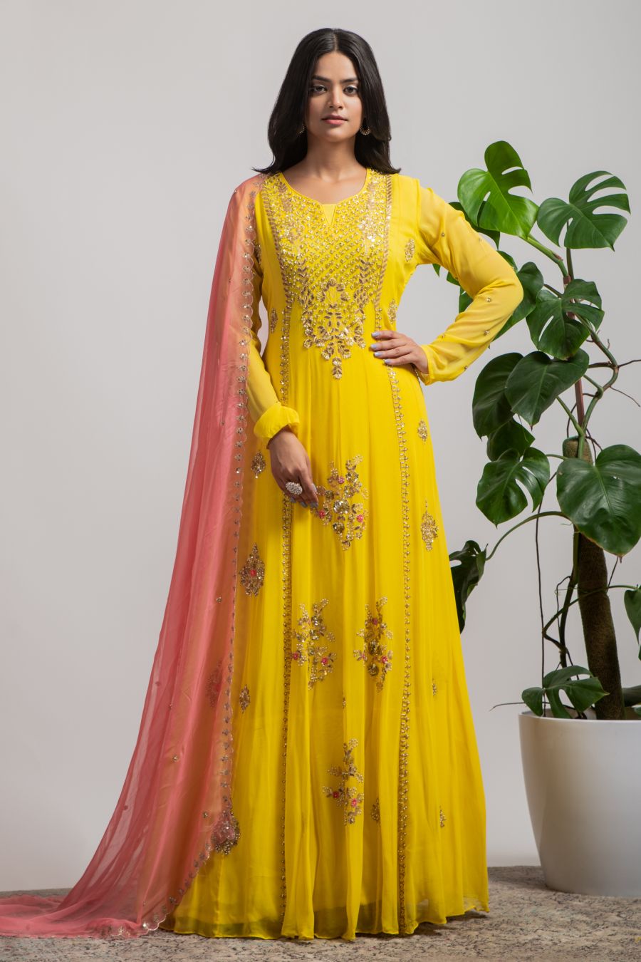 Yellow Anarkali Suit with handwork