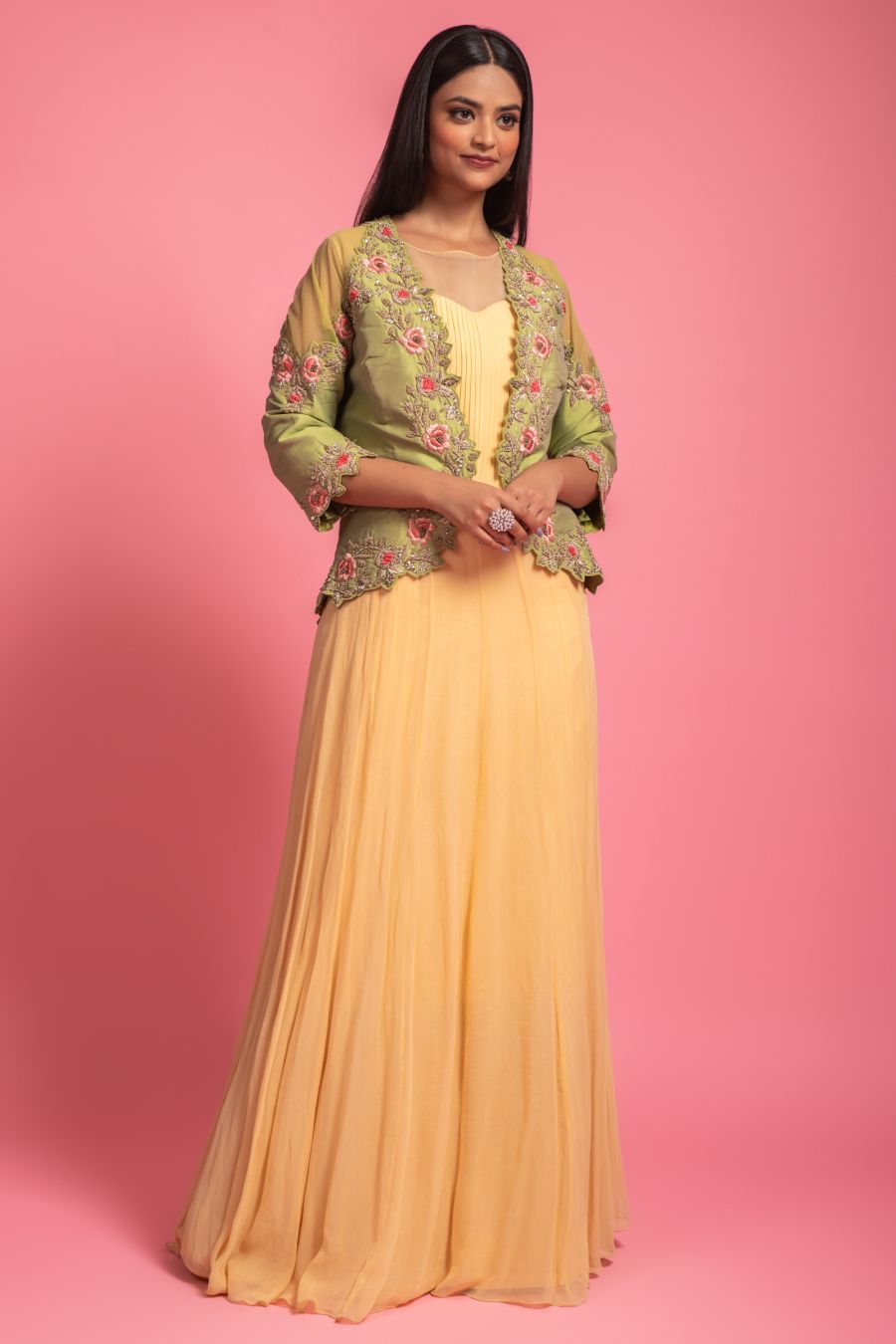 Cream & Pista Green Gown With Hand Embroidered Jacket