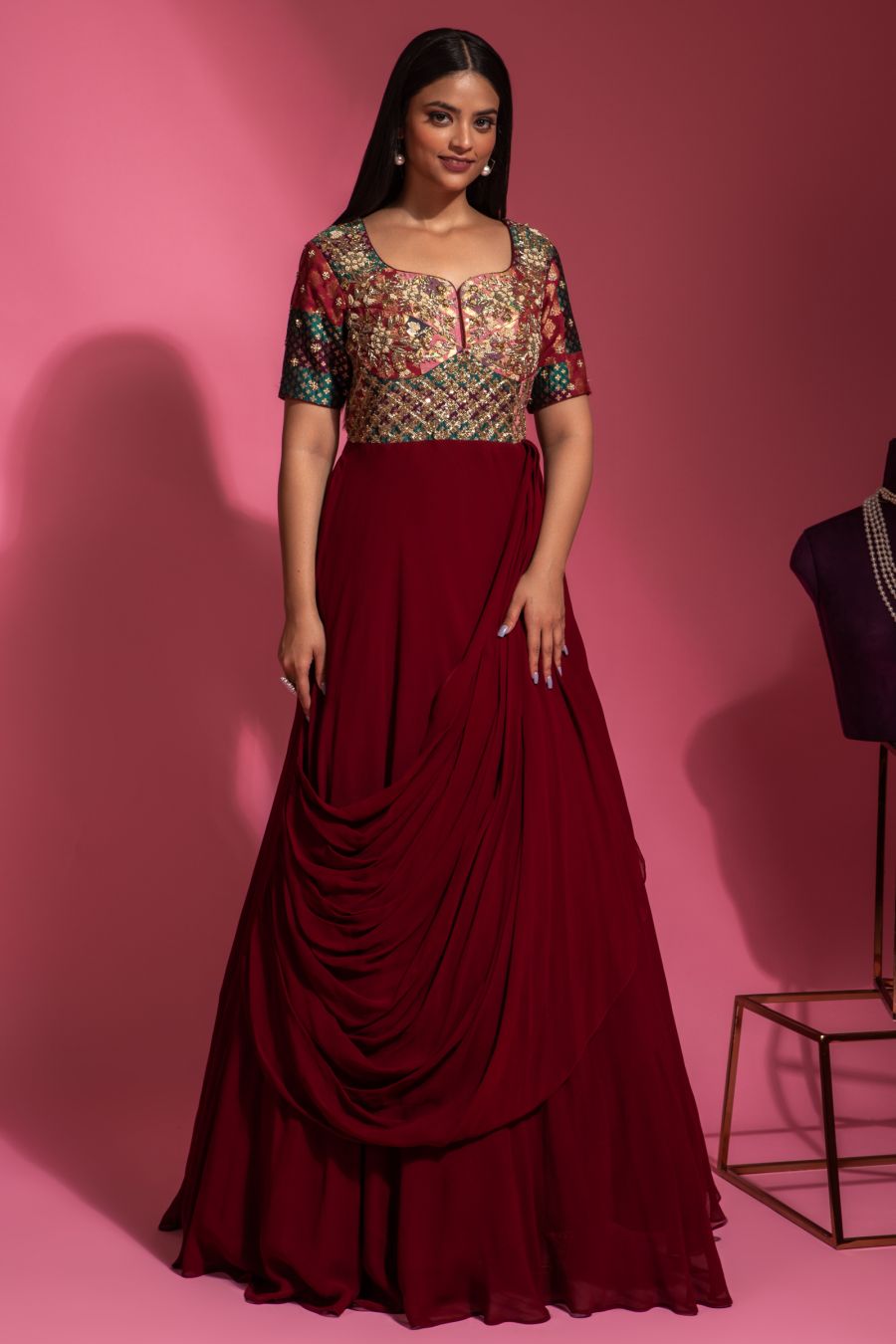 Maroon Colour Drape Style Gown