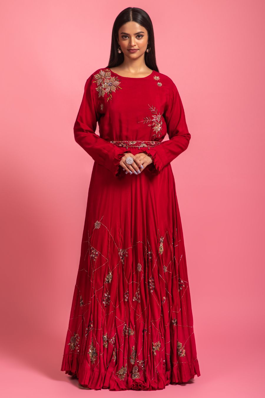 Maroon Colour Gown With Waist Belt