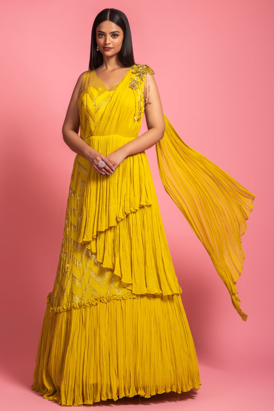 Yellow Colour Drape Style Gown With Hand Work
