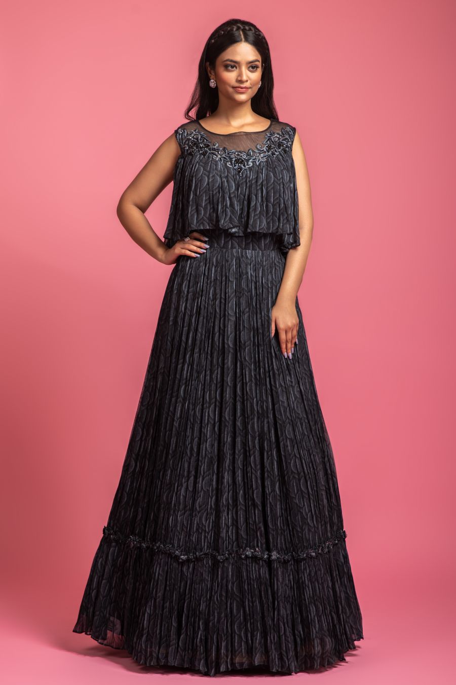 Grey & Black Poncho Style Gown With Digital Print