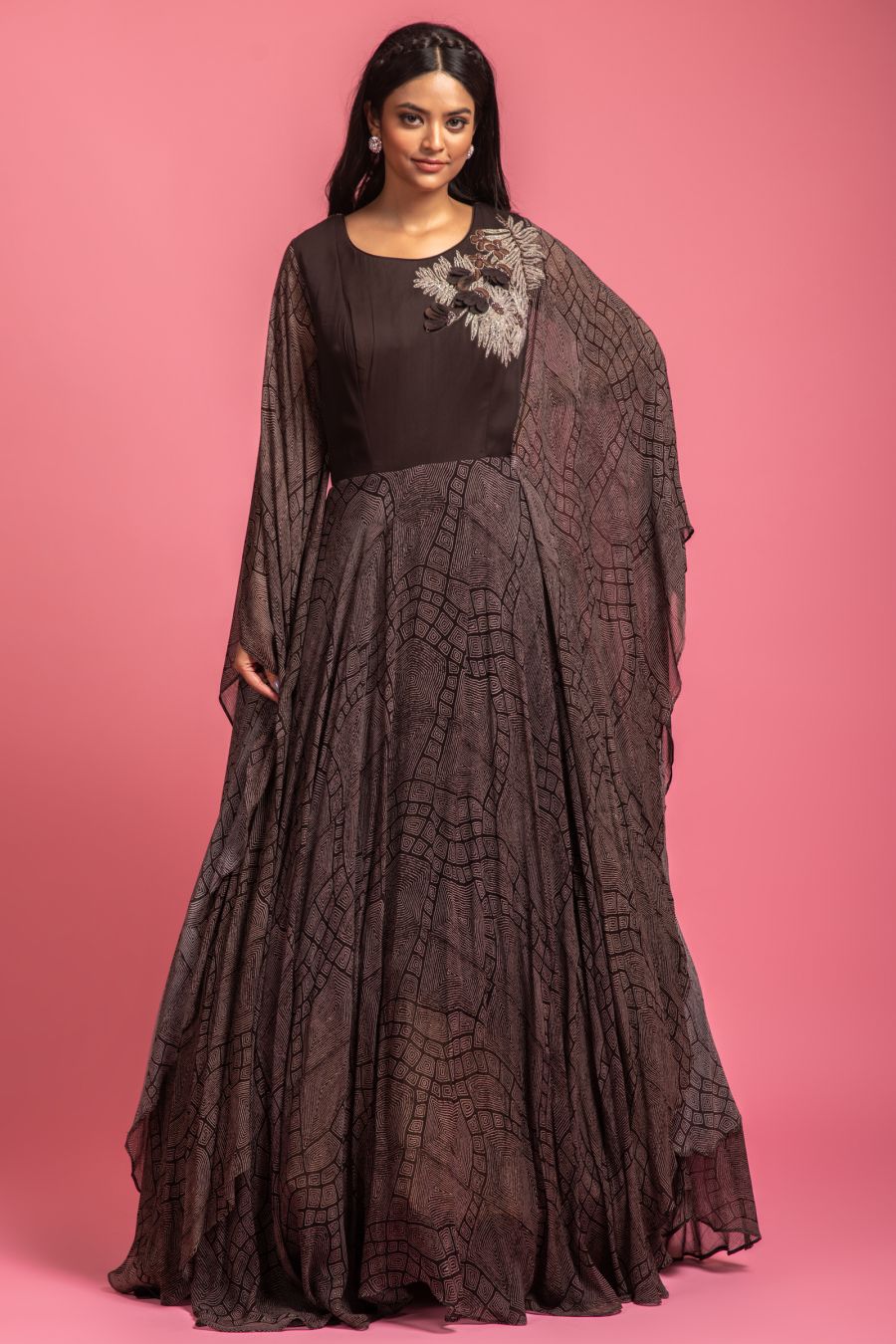 Dark Brown Digital Printed Gown
