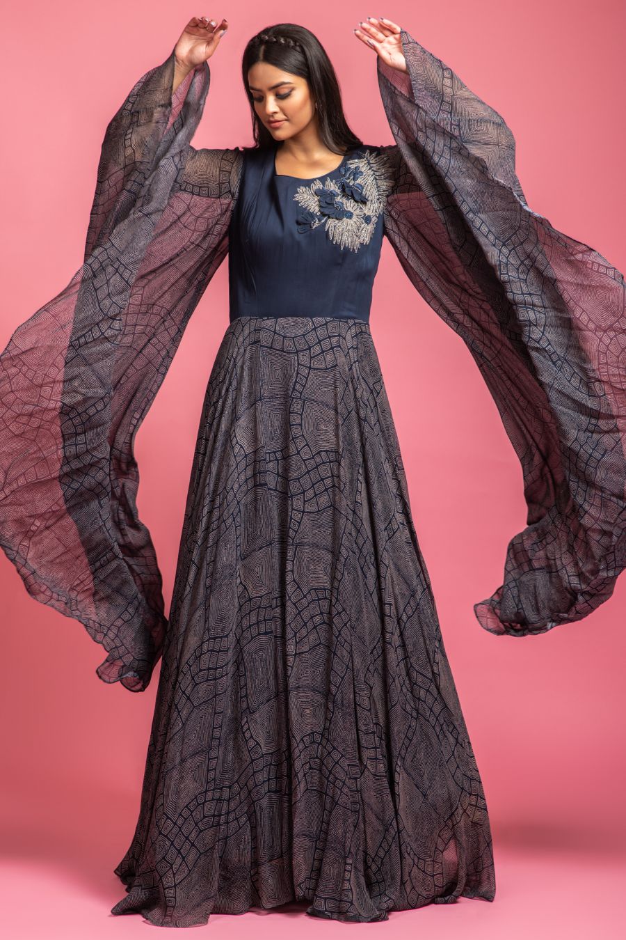 Navy Blue Digital Printed Gown