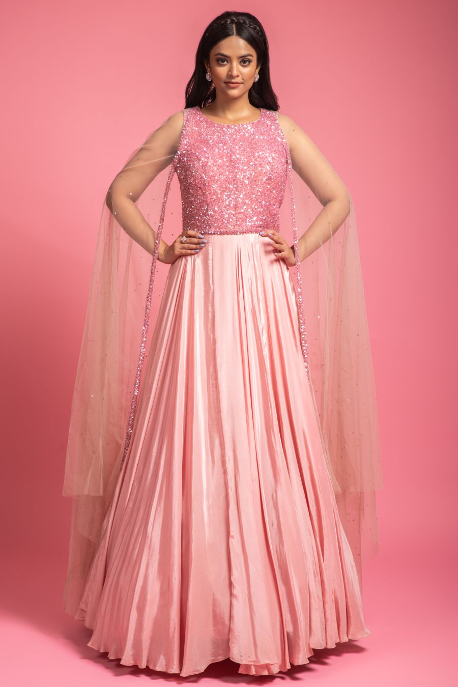 Peach Color Gown With Sequins Work