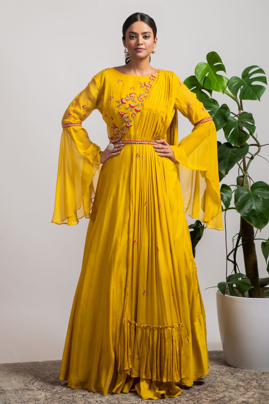Mustard Drape style Gown with handwork