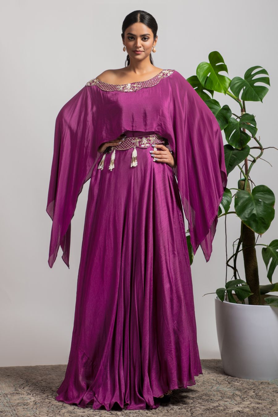 Wine colour Poncho in Dola Silk