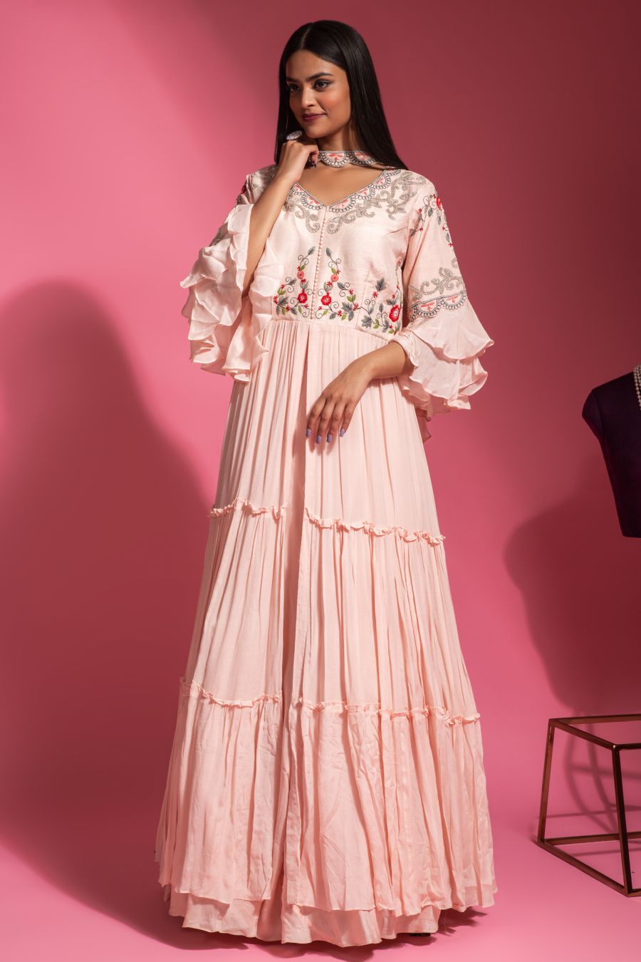 Peach Color Indo Western Gown With Dupatta