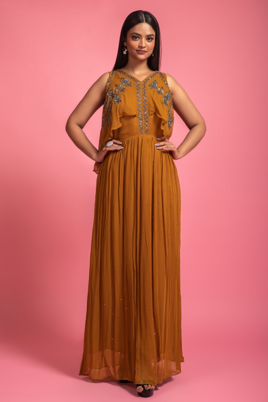 Ochere Yellow Georgette Gown