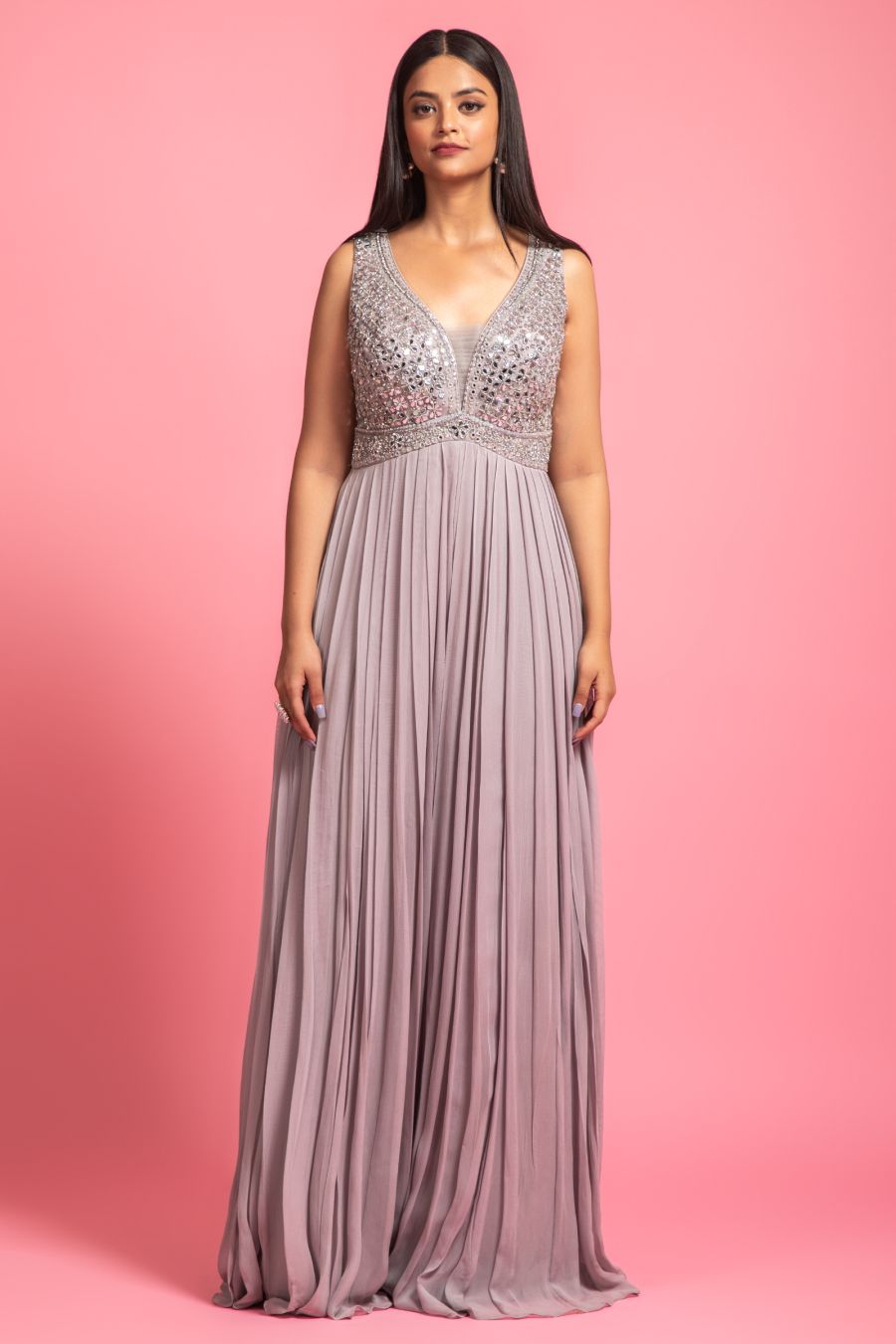 Grey Colour Jump Suit With Mirror Work