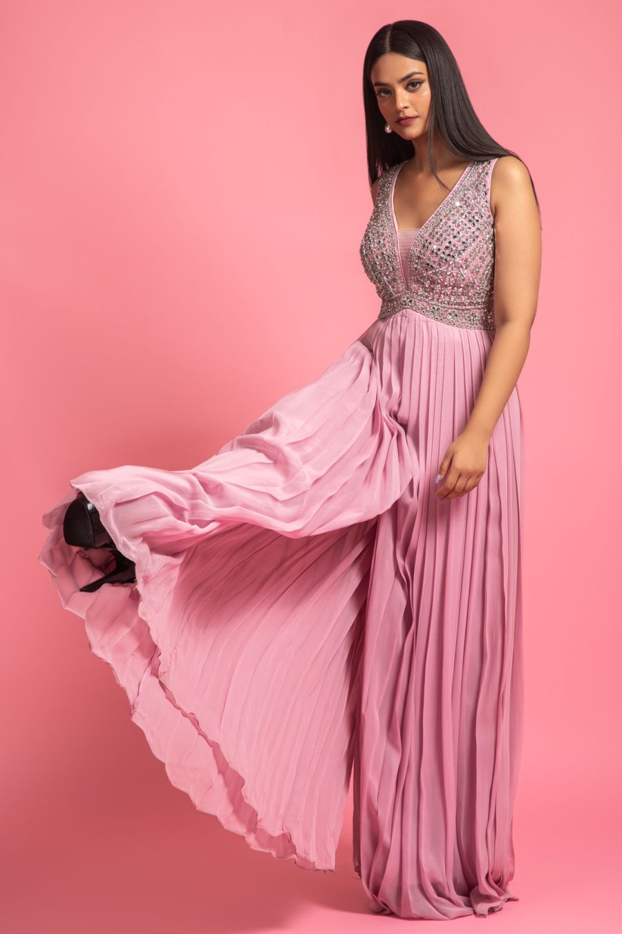 Light Lavender Jump Suit With Mirror Work