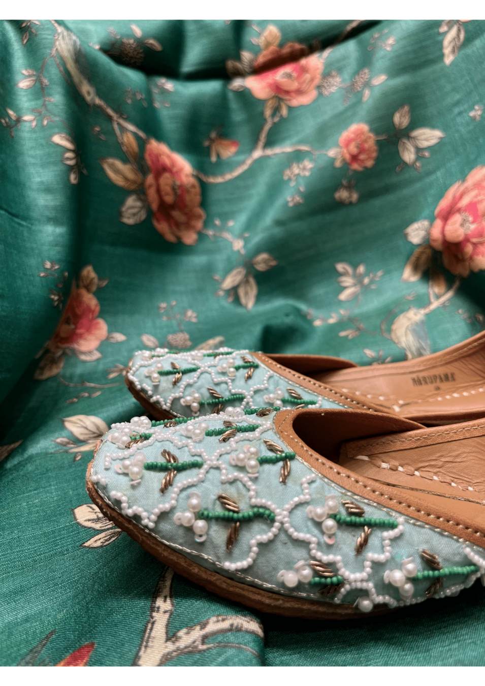 Sea Blue Moti work Jutti in Pure Leather